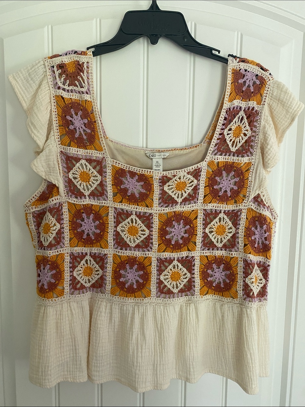 Cato Cream Peplum Top XL with Mustard, Rust & Lavender Crocheted Granny Squares
